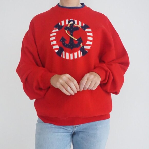Vintage 90S Jerzees Red Blue Embroidered Nautical Crew Neck Sweater L - Picture 2 of 11